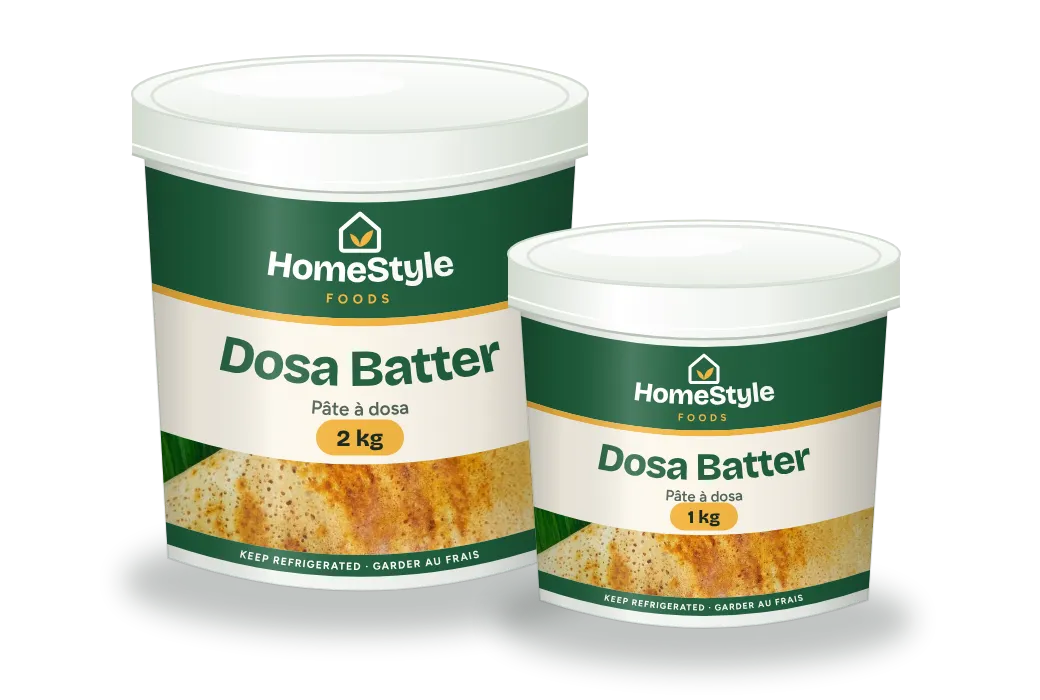 HomeStyle Foods dosa batter tubs in 2 kg and 1 kg sizes